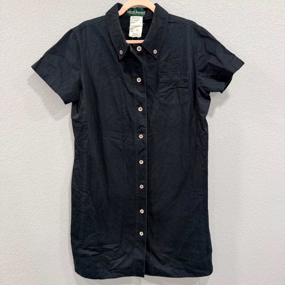 VTG Harve Benard Womens 14 Black 100% Cotton Short Sleeve‎ Button Shirt Dress